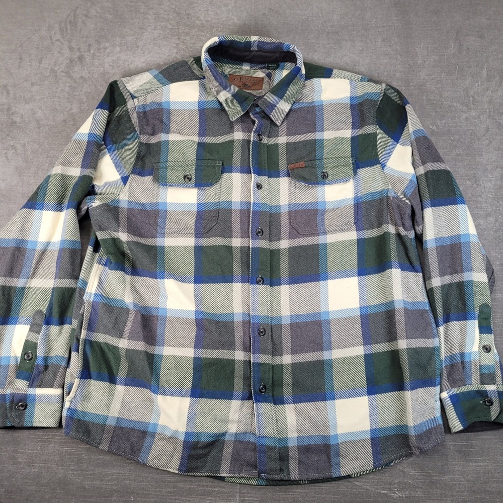 Orvis Flannel Shirt Shacket Mens XXL Blue Green Plaid Long Sleeve Button Down
